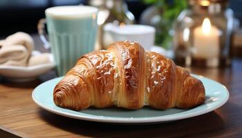 AI generated Fresh croissant on wooden table, perfect breakfast with coffee generated by AI photo