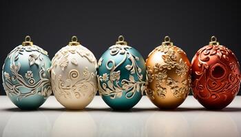 AI generated Christmas ornament decoration, gold ball, winter season, shiny background generated by AI photo