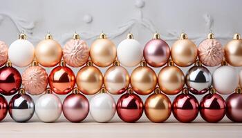AI generated Christmas ornaments in vibrant colors decorate the tree in a row generated by AI photo