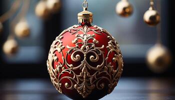 AI generated Glowing gold ornament decorates Christmas tree, symbolizing winter celebration generated by AI photo