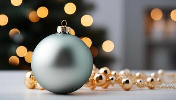 AI generated Shiny gold ornament illuminates Christmas tree, bringing joy and elegance generated by AI photo