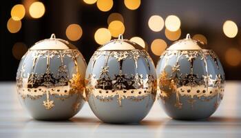 AI generated Shiny gold Christmas ornament illuminates elegant table decoration generated by AI photo