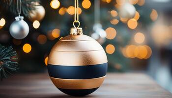 ai generado brillante oro ornamento decora oscuro Navidad árbol en invierno generado por ai foto