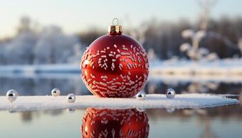 ai generado invierno celebracion nieve cubierto árbol refleja Navidad adornos en naturaleza generado por ai foto