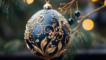 AI generated Christmas ornament hanging on tree, bright gold decoration, festive celebration generated by AI photo