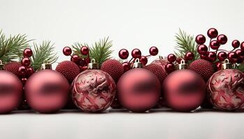 AI generated Christmas ornament ball on fir tree branch, shiny gift decoration generated by AI photo