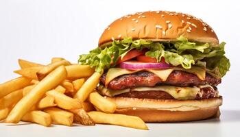 ai generado gastrónomo hamburguesa comida carne de res, queso, papas fritas, A la parrilla, fresco, delicioso generado por ai foto