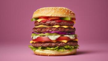 AI generated Gourmet burger meal juicy beef, melted cheese, fresh tomato generated by AI photo