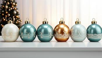 AI generated Christmas ornament decoration, winter season, shiny gold ball, illuminated tree generated by AI photo