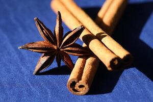 Coffee beans, star anise an cinnamon spices on deep blue background photo