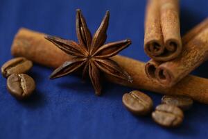 Coffee beans, star anise an cinnamon spices on deep blue background photo