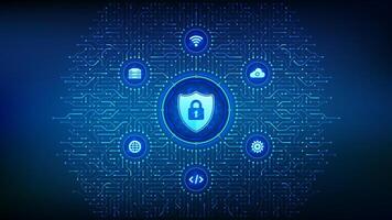 Security shield. Cyber security. Shield with Lock with keyhole icon. Cyber data protection. Information privacy idea. Background with circuit board connections and tech icons. Vector Illustration.