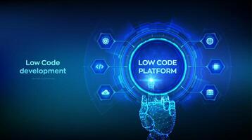 bajo código plataforma y No código desarrollo tecnología concepto. lcdp y ncdp - software desarrollo utilizando gráfico interfaces estructura metálica mano conmovedor digital interfaz. vector ilustración.