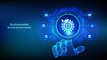 ESG. Environmental Social Governance concept on virtual screen. Future environmental conservation and ESG modernization development. Wireframe hand touching digital interface. Vector illustration.