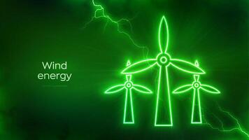 Wind energy icon with energy glow. Wind turbines. Wind power station background. Alternative energy. Sustainable development. Renewable green energy. Electrical discharge effects. Vector illustration.