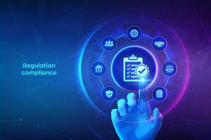 Regulation Compliance financial control internet technology concept on virtual screen. Reg Tech. Compliance rules. Law regulation policy. Hand touching digital interface. Vector illustration.