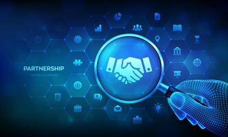 Partnership. Handshake. Teamwork technology concept with magnifier in wireframe hand and icons. Business partnership. Global cooperation network. Internet communication. Vector illustration.