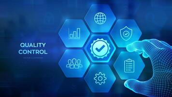 Quality control. Quality standards control assurance warranty. ISO standardization certification. Wireframe hand places an element into a composition visualizing Quality control. Vector illustration.