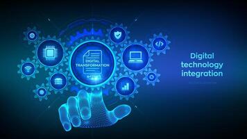 Digital transformation concept. Digitization of business processes and modern technology. Disruption, innovation. Hand touching digital interface with connected gears cogs, icons. Vector illustration.