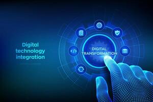 Digital transformation. Digitization of business processes modern technology concept on virtual screen. Disruption, innovation solutions. Wireframe hand touching digital interface. Vector illustration