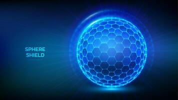 Sphere shield with hexagon pattern on blue background. Abstract protection sphere shield. Glowing bubble shield in the form of a force energy field. Protection and safety concept. Vector illustration.