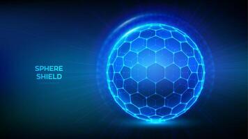 Sphere shield with hexagon pattern on blue background. Abstract protection sphere shield. Glowing bubble shield in the form of a force energy field. Protection and safety concept. Vector illustration.