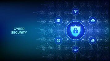 Security shield. Cyber security. Shield with Lock with keyhole icon. Cyber data protection. Information privacy idea. Background with circuit board connections and tech icons. Vector Illustration.