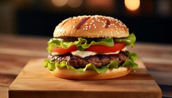 AI generated Grilled gourmet burger on wooden table, fresh and delicious generated by AI photo