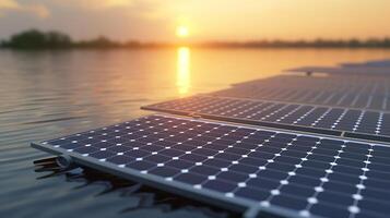 AI generated Floating Solar Panels on a Lake. Generative AI. photo