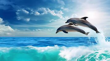 ai generado dos delfines saltando fuera de agua. generativo ai. foto