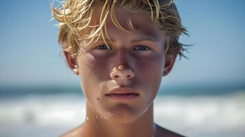 AI generated Close-up of a Blond Man on a Beach. Generative AI. photo