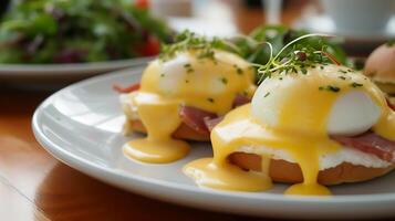 AI generated Classic Eggs Benedict on White Plate. Generative AI. photo