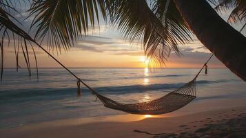 AI generated Hammock Hanging From Palm Tree on Beach. Generative AI. photo