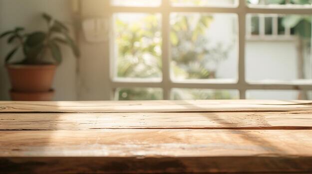 AI generated Close-Up of Wooden Table With Background Window. Generative AI. photo
