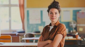 ai generado mujer en pie en salón de clases con brazos cruzado. generativo ai. foto