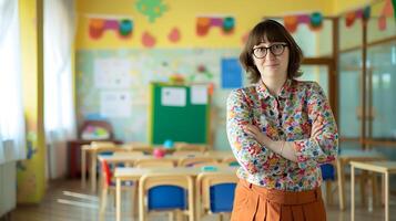 ai generado mujer en pie en salón de clases con cruzado brazos. generativo ai. foto