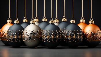 AI generated Christmas ornaments in a row, bright and shiny, hanging on tree generated by AI photo