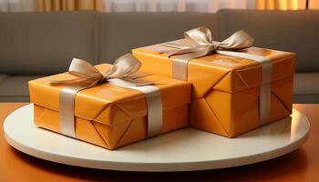 AI generated A stack of wrapped gift boxes on a yellow table generated by AI photo