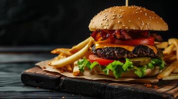 AI generated Hamburger and French Fries on Cutting Board. Generative AI. photo