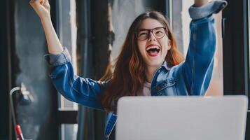 AI generated Energetic Woman Celebrating Success With Laptop. Generative AI photo