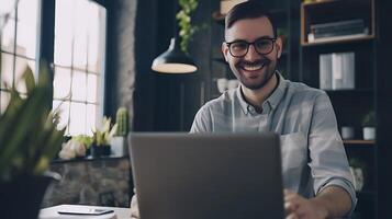 AI generated Man Sitting in Front of Laptop Computer. Generative AI. photo