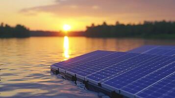 ai generado flotante solar panel en lago. generativo ai. foto