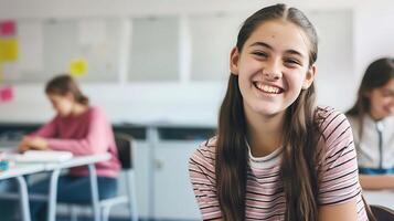 AI generated Young Girl Sitting at Classroom Desk. Generative AI. photo