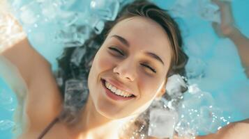 AI generated Smiling Woman Enjoying a Swim in a Pool. Generative AI. photo