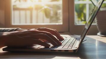AI generated Person Typing on Laptop at Table. Generative AI. photo