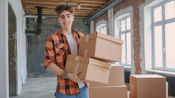 AI generated Young Man Holding Stack of Boxes. Generative AI photo