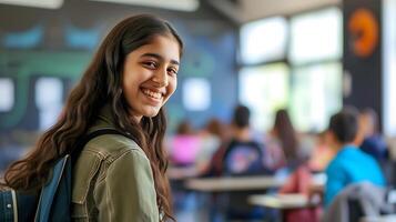 ai generado sonriente niña con mochila. generativo ai. foto