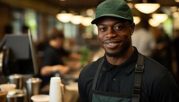 ai generado un confidente africano americano empresario sonriente, trabajando adentro, mirando a cámara generado por ai foto