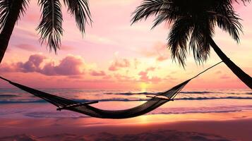 AI generated Hammock Hanging Between Palm Trees on Beach. Generative AI. photo