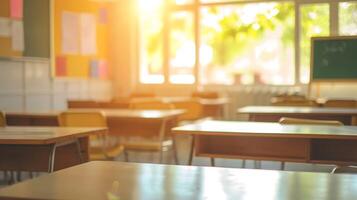 AI generated Empty Classroom With Desks and Chalkboard. Generative AI. photo